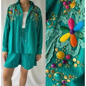 80s vintage embellished funky button up shirt shorts 2 piece matching coord set